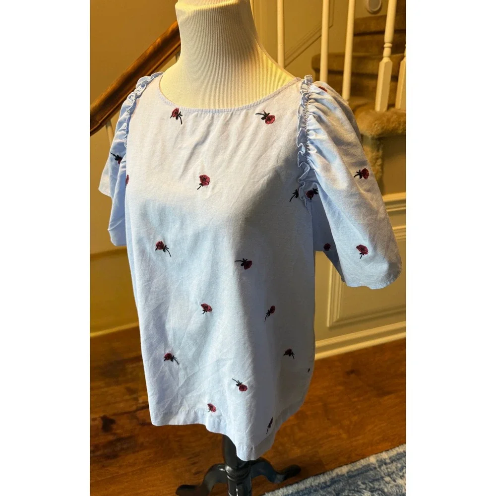 LOFT Blue Embroidered Rose Puff Sleeve Blouse Top Medium Short Sleeve Ruffle